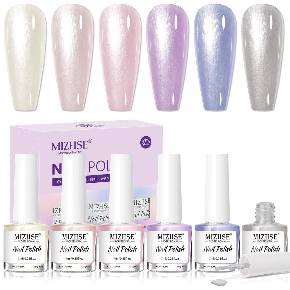 MIZHSE front packaging showing six pearlescent shades and benefits