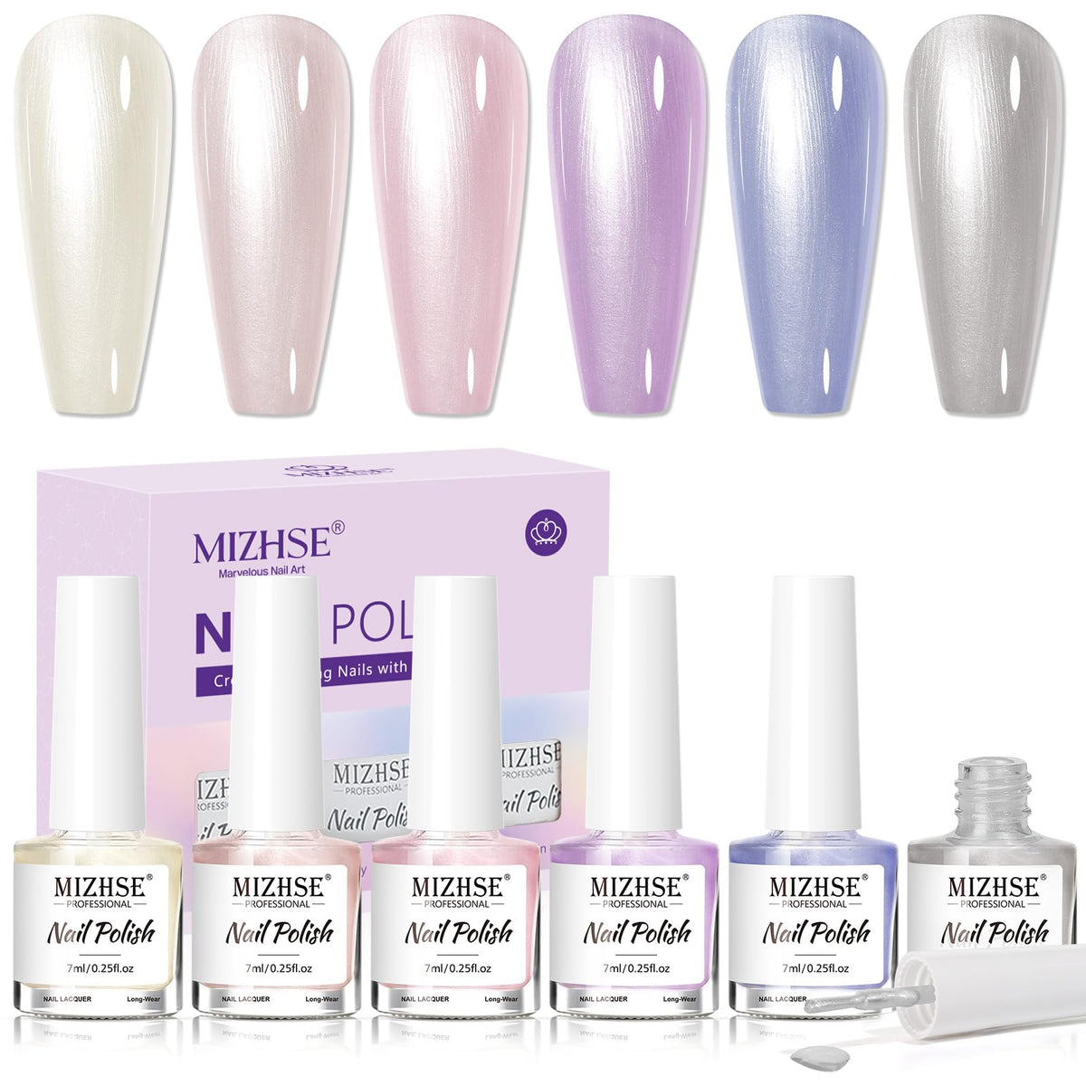 MIZHSE front packaging showing six pearlescent shades and benefits