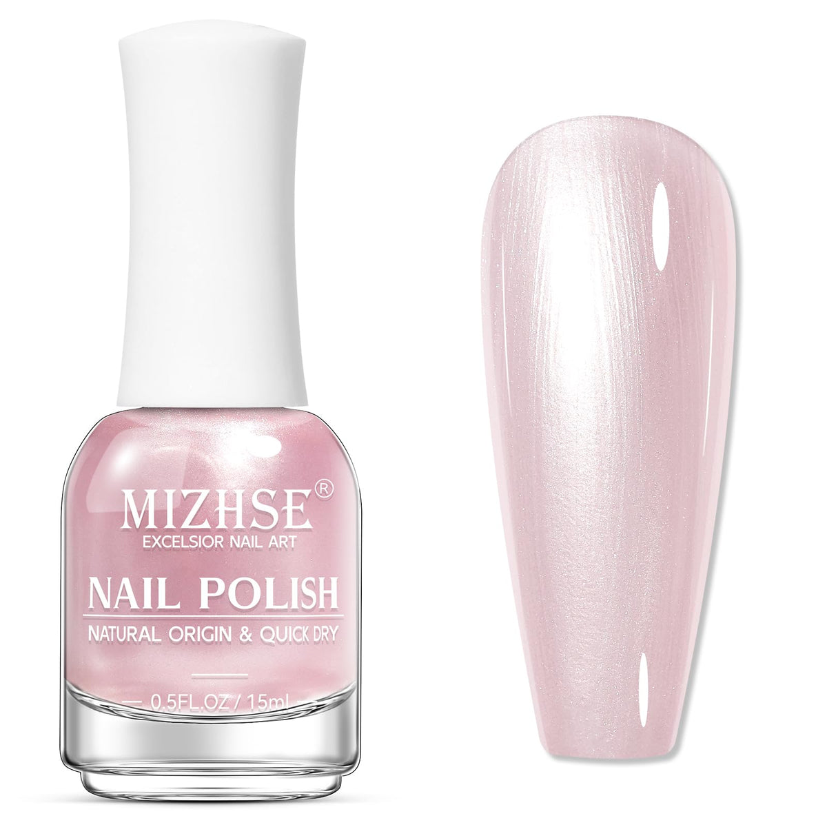 MIZHSE front packaging showing pale pink bottle and label benefit quick application
