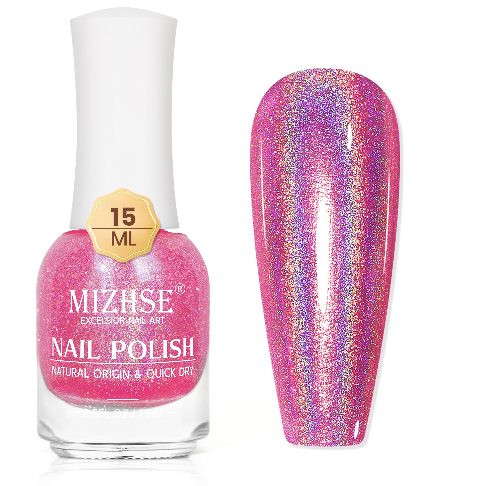 MIZHSE front packaging showing holographic pink polish vibrant shine