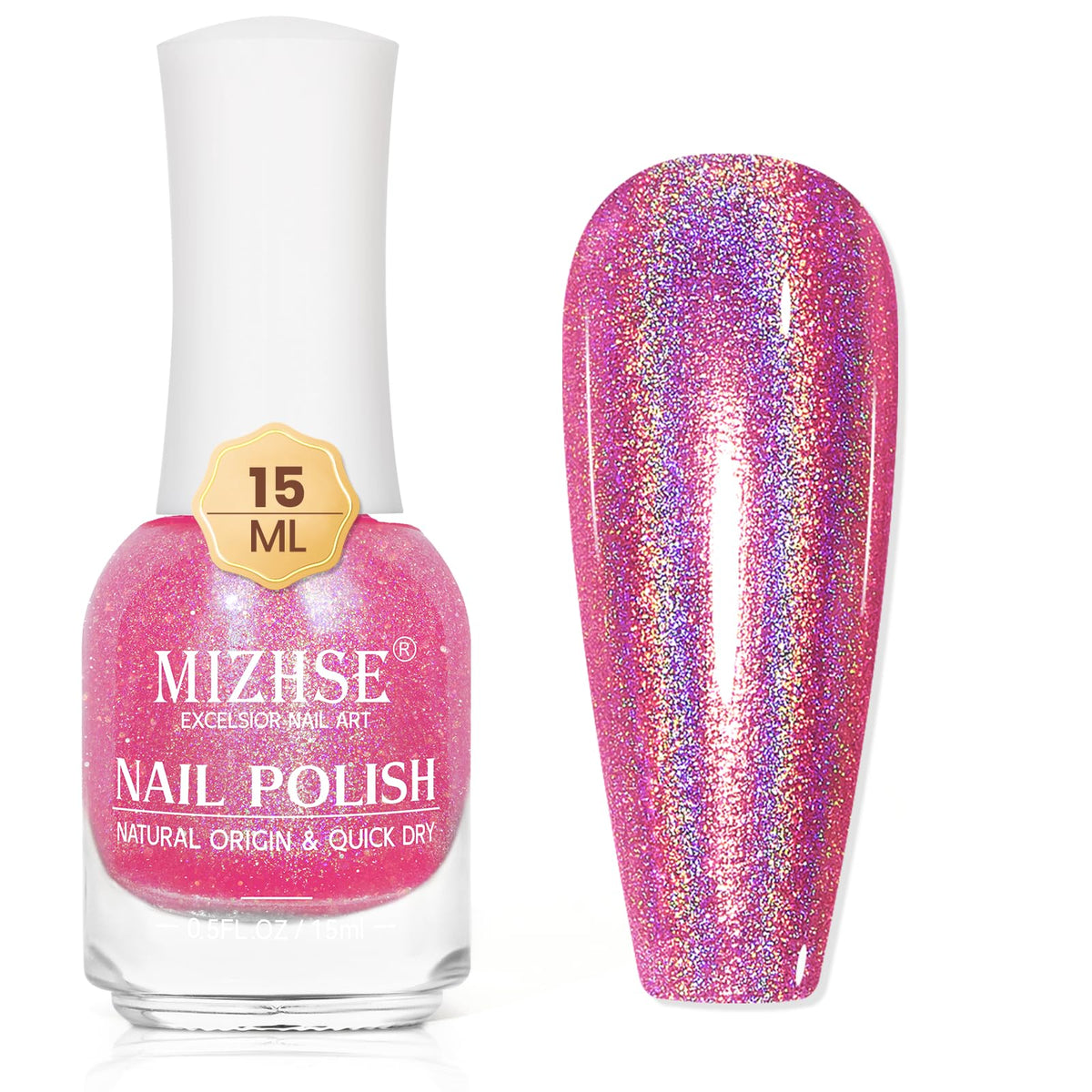 MIZHSE front packaging showing holographic pink polish vibrant shine