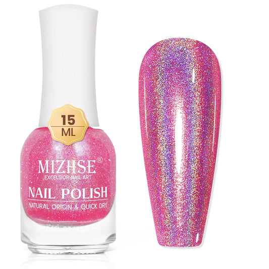 MIZHSE front packaging showing holographic pink polish vibrant shine