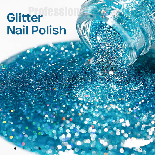 MIZHSE brush stroke of glitter blue polish illustrating smooth application
