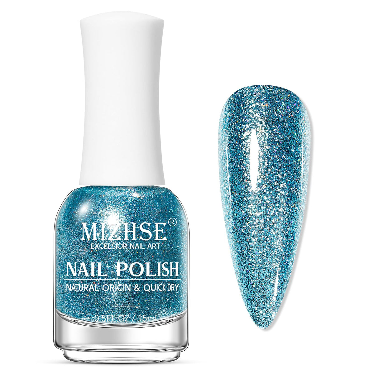 MIZHSE front bottle showing glitter blue polish and glossy finish benefit