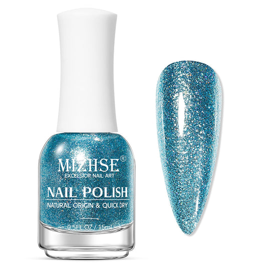 MIZHSE front bottle showing glitter blue polish and glossy finish benefit