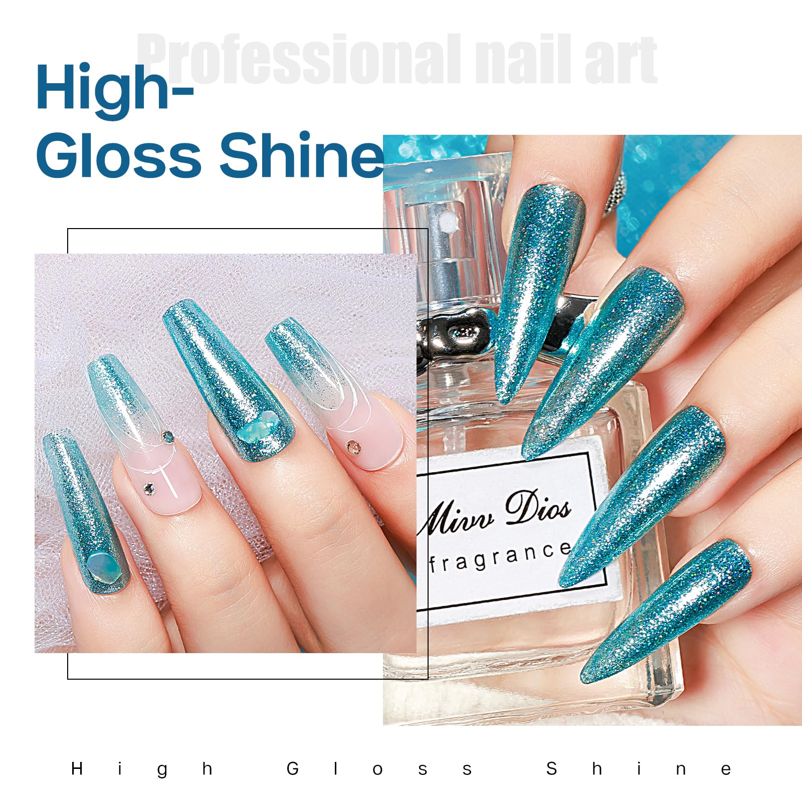 MIZHSE nail swatch on hand showing vibrant blue sparkle and shine