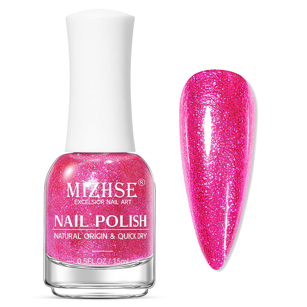 MIZHSE bottle front view showing rose red glitter and glossy finish benefit