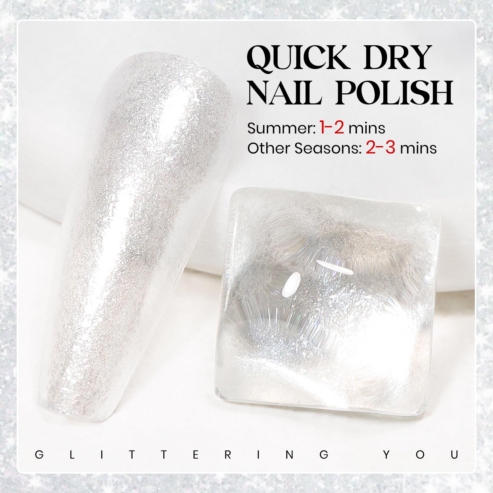 MIZHSE glitter swatch on nail tip showing sparkly glossy finish