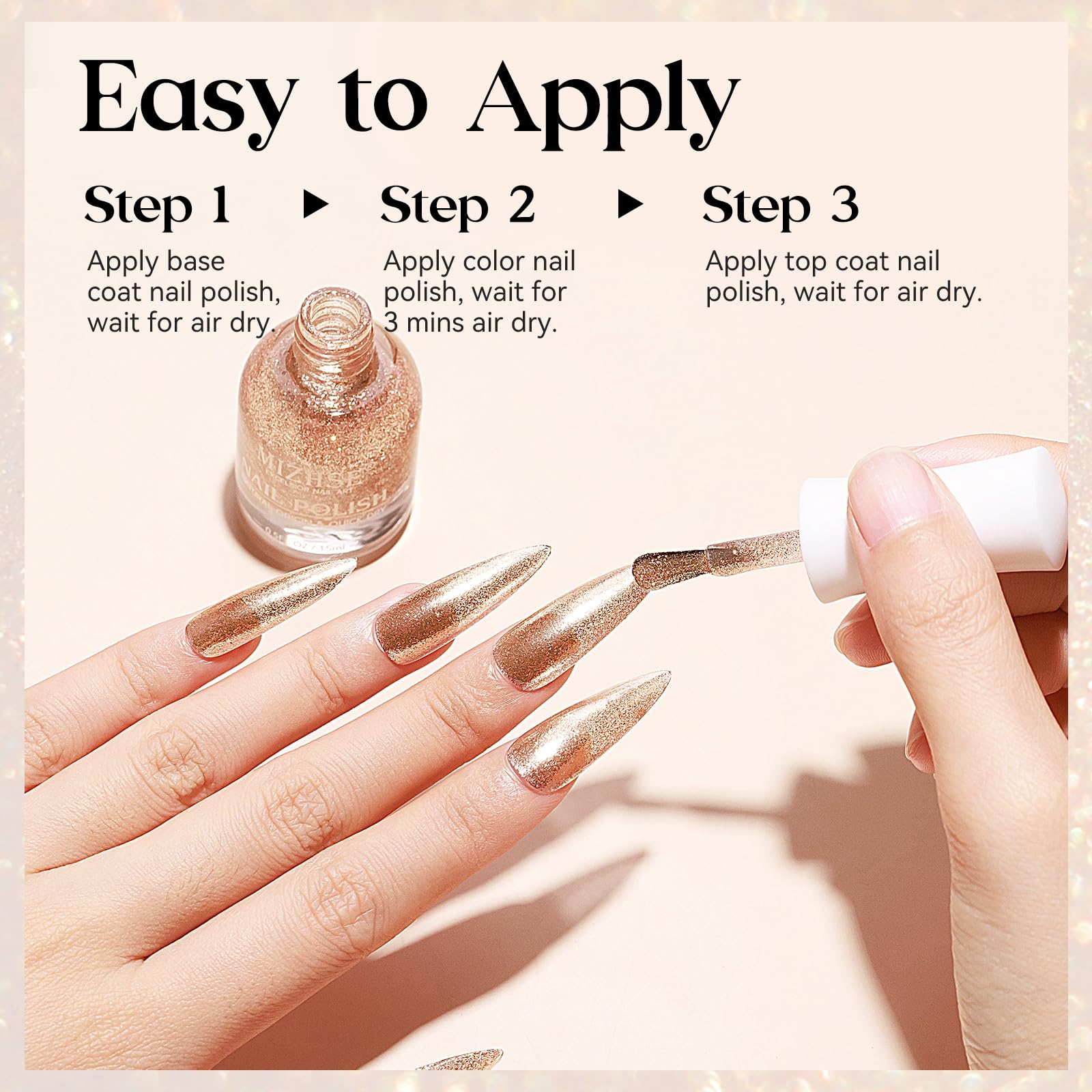 MIZHSE glossy finished nails detail showing high-shine chrome effect and durability