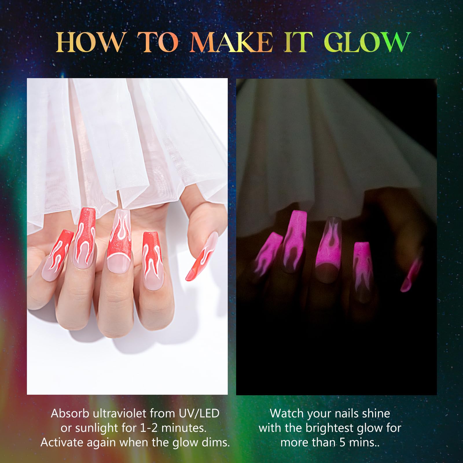 MIZHSE glow-in-the-dark nails lit in low light showing luminous neon effect for nighttime visibility