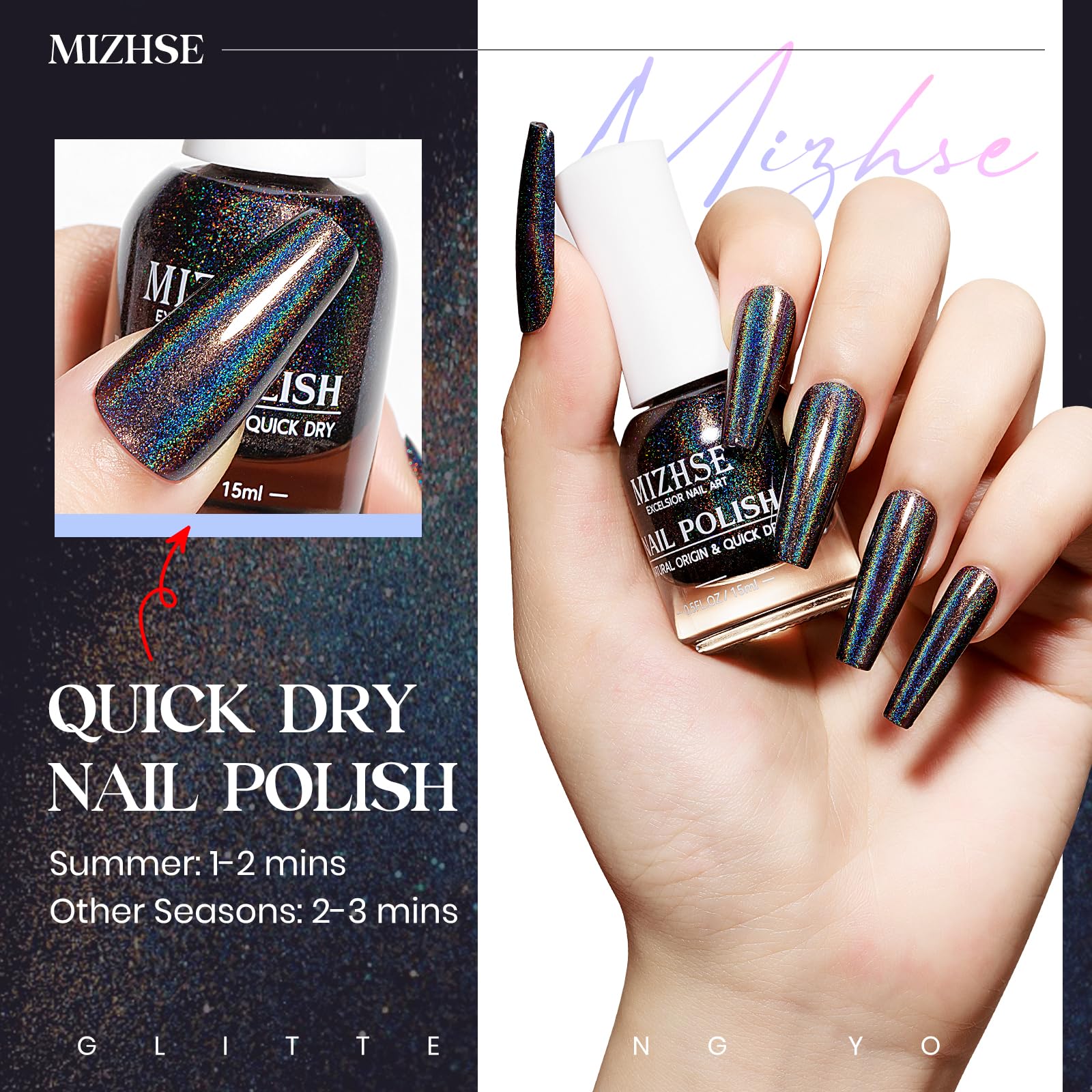 MIZHSE holographic polish finish reflecting rainbow light for high-impact shine