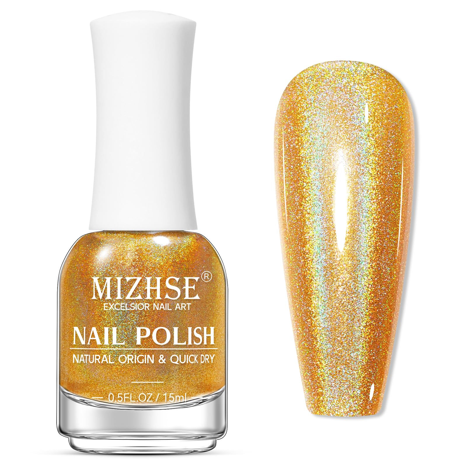 MIZHSE front bottle showing holographic gold finish and brand clarity