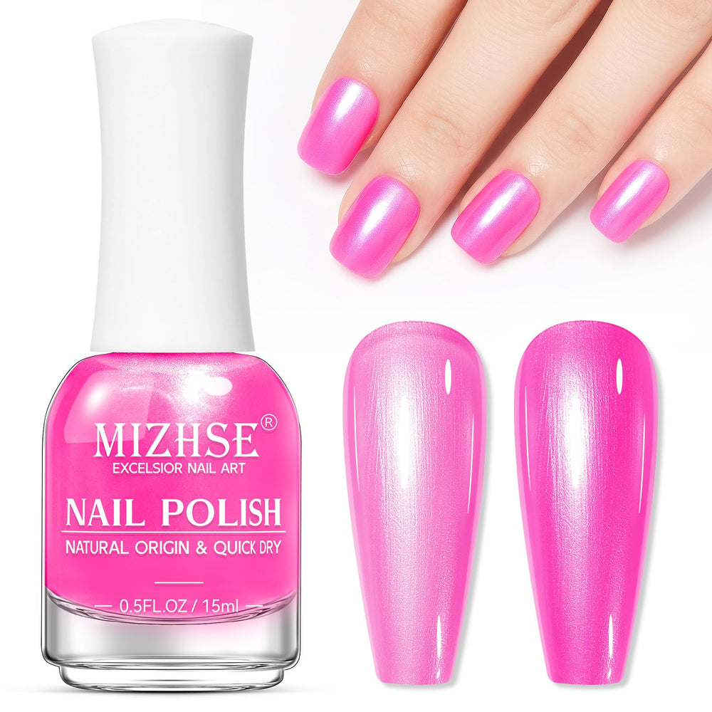 MIZHSE hot pink bottle front view showing vivid neon color and glossy finish