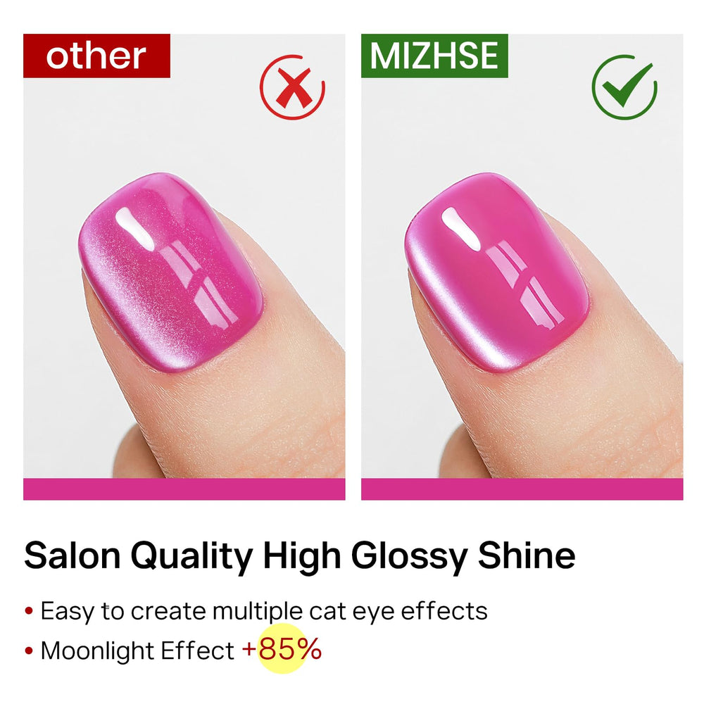 MIZHSE magnet held over nail creating instant cat-eye stripe for salon results