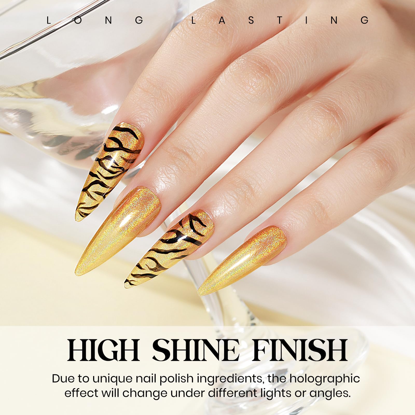 MIZHSE polish applied on model hand highlighting instant holographic shine