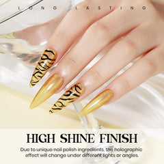 MIZHSE polish applied on model hand highlighting instant holographic shine