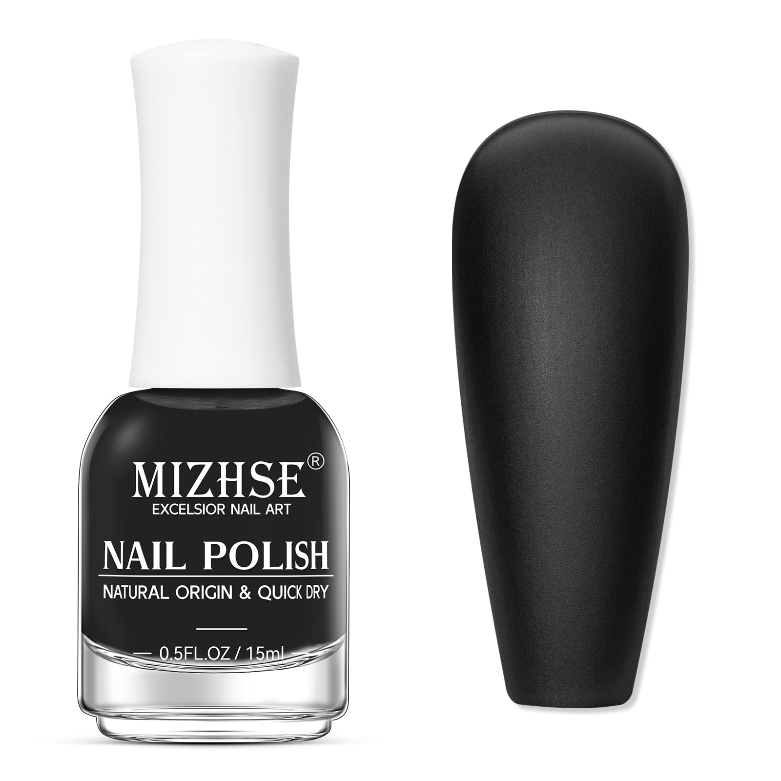 MIZHSE bottle front view showing matte black lacquer and easy-grip cap