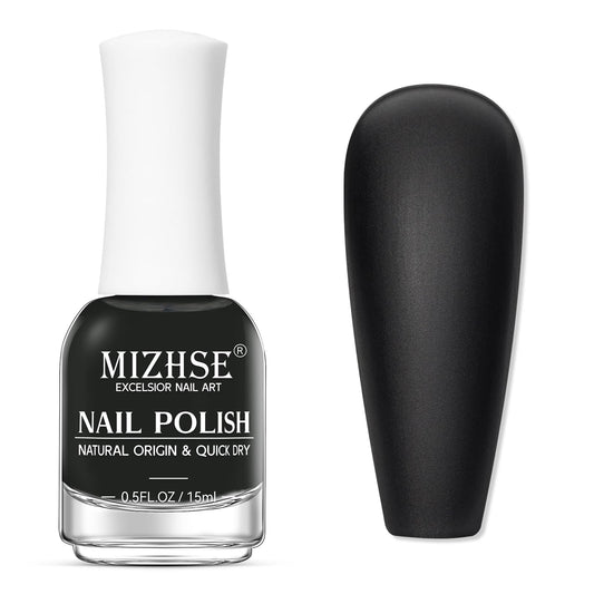 MIZHSE bottle front view showing matte black lacquer and easy-grip cap
