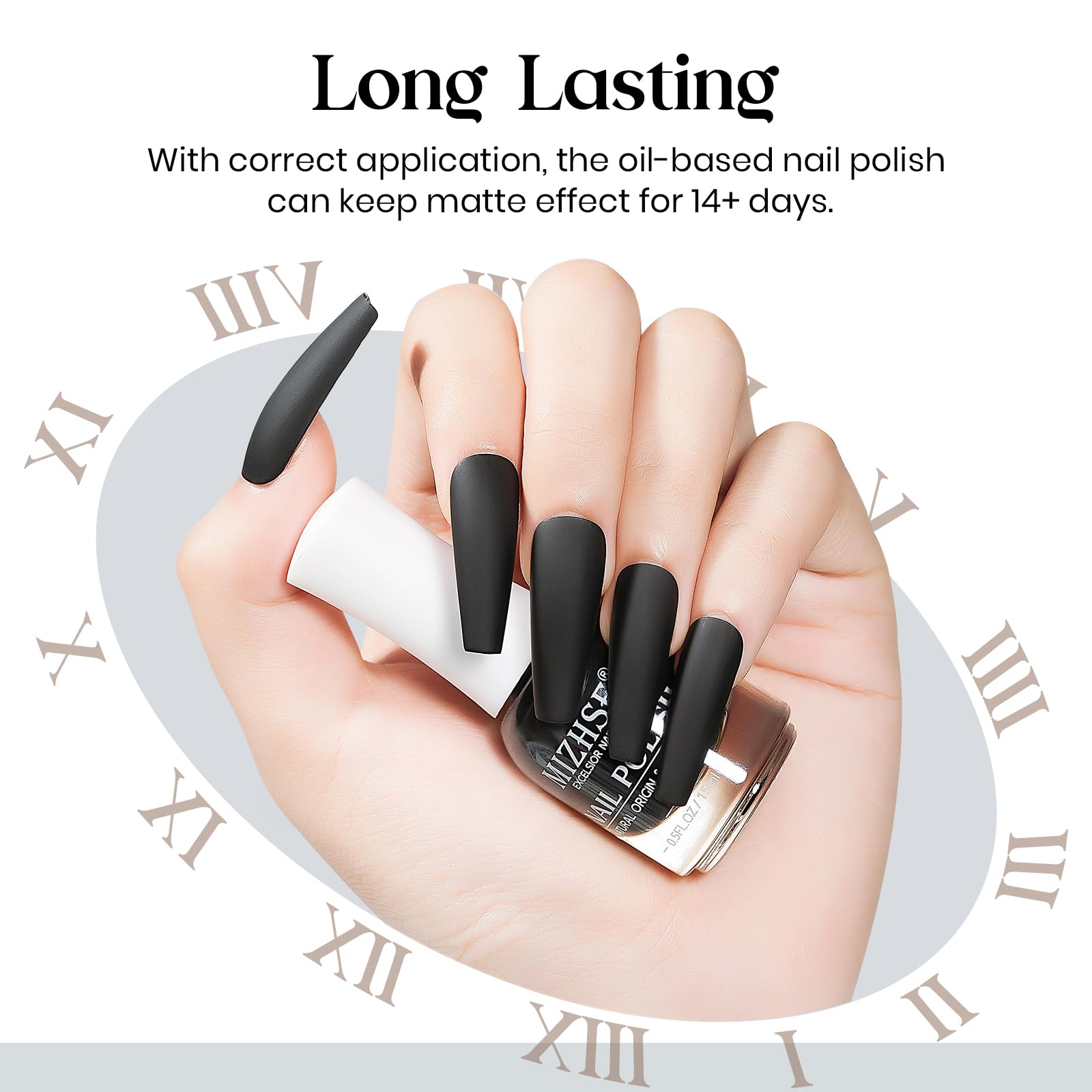 Hand wearing MIZHSE matte black polish illustrating quick-dry convenience