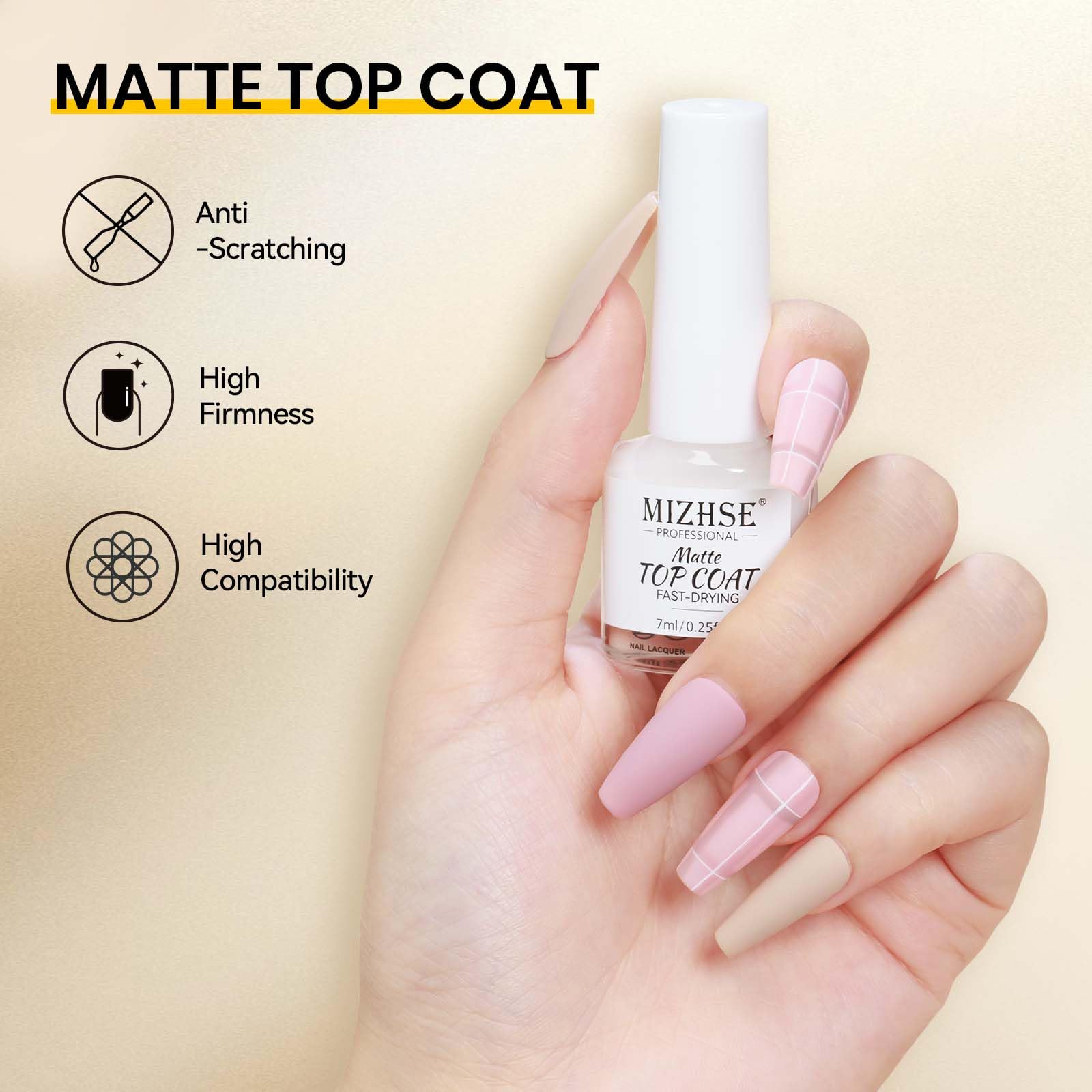 MIZHSE matte top coat swatch showing non-reflective modern finish benefit