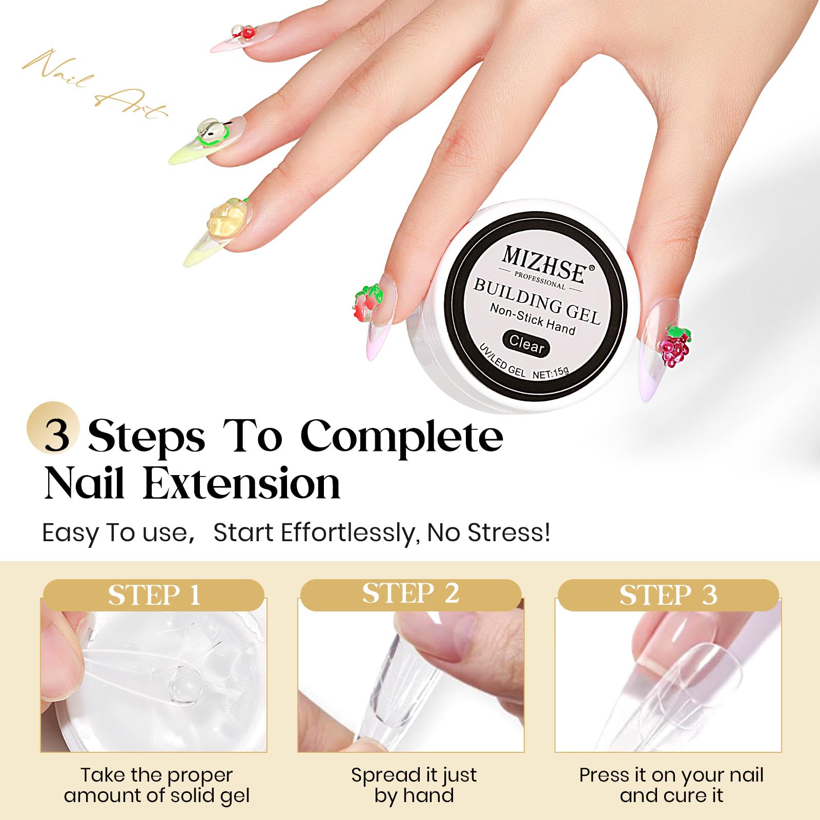 MIZHSE nail forms and 15g gel arranged to show included accessories and convenience