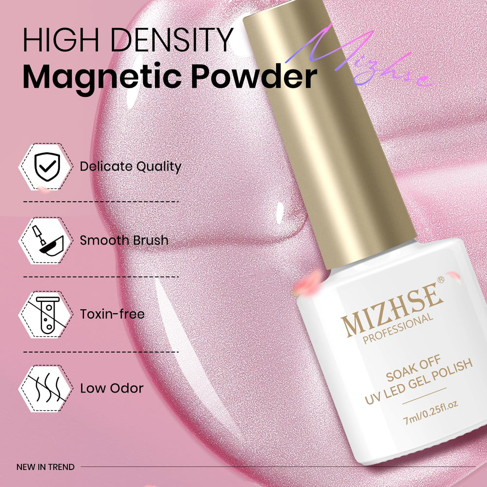 MIZHSE nail application in use with magnet creating reflective highlight, easy DIY