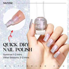 MIZHSE polished nails on hand showing high-gloss glitter manicure benefit