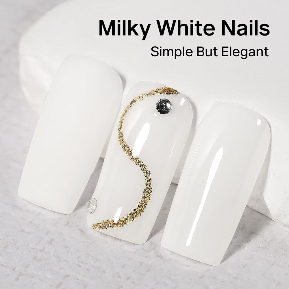 MIZHSE applied on hand in lifestyle setting showing glossy milky white finish