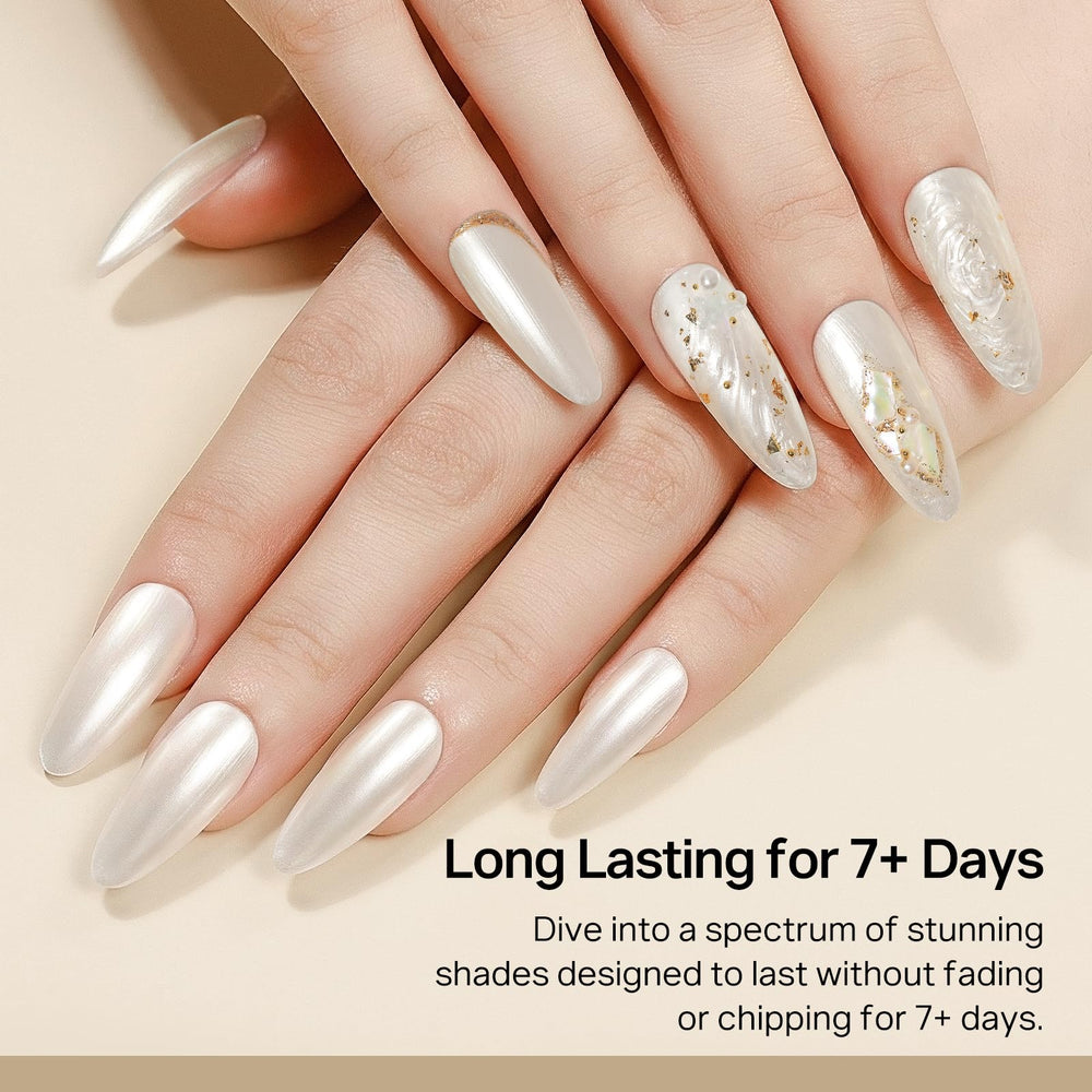 MIZHSE on model nails closeup showing luminous milky-white finish for elegant style