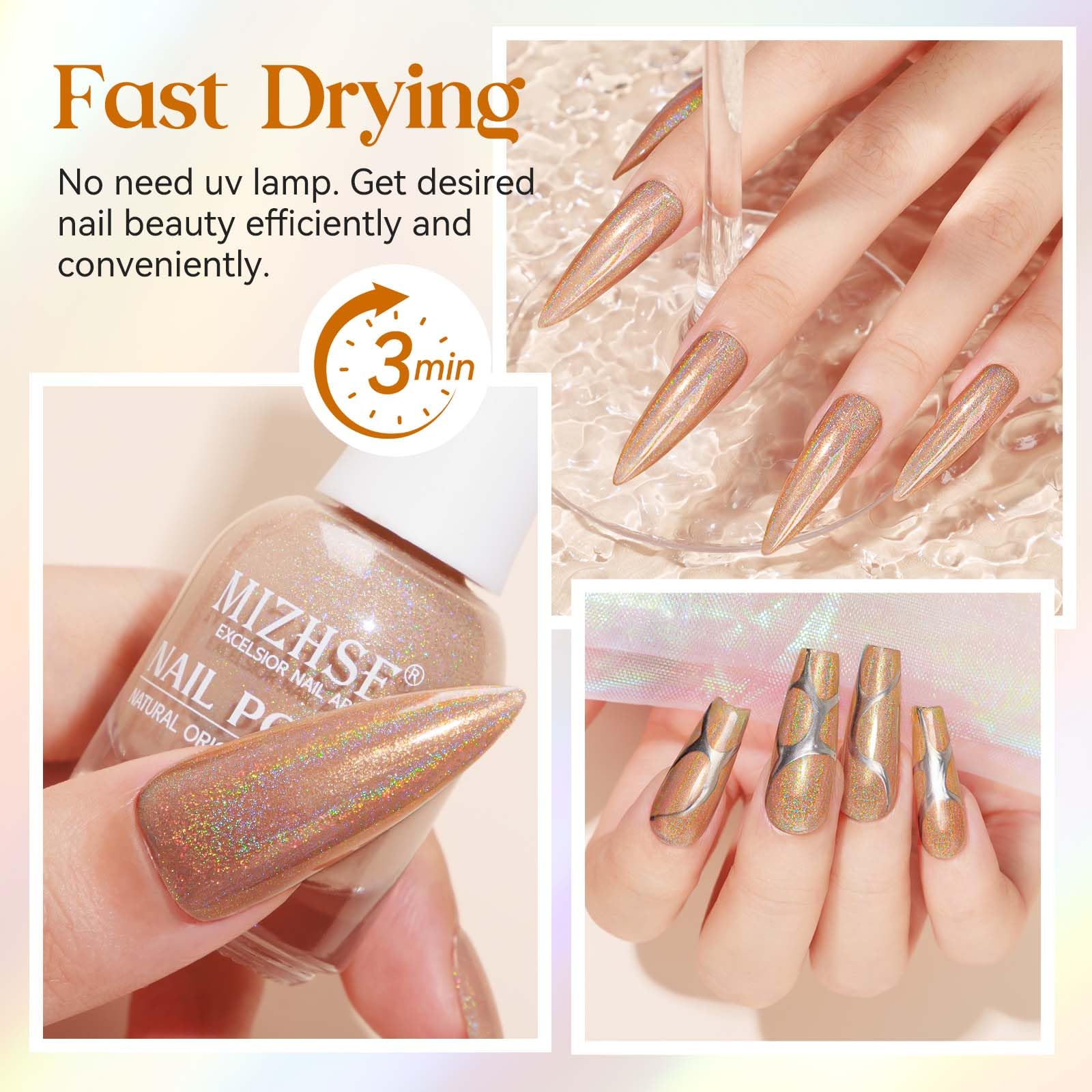 MIZHSE nail swatch on fingers showing iridescent sparkle and depth benefit