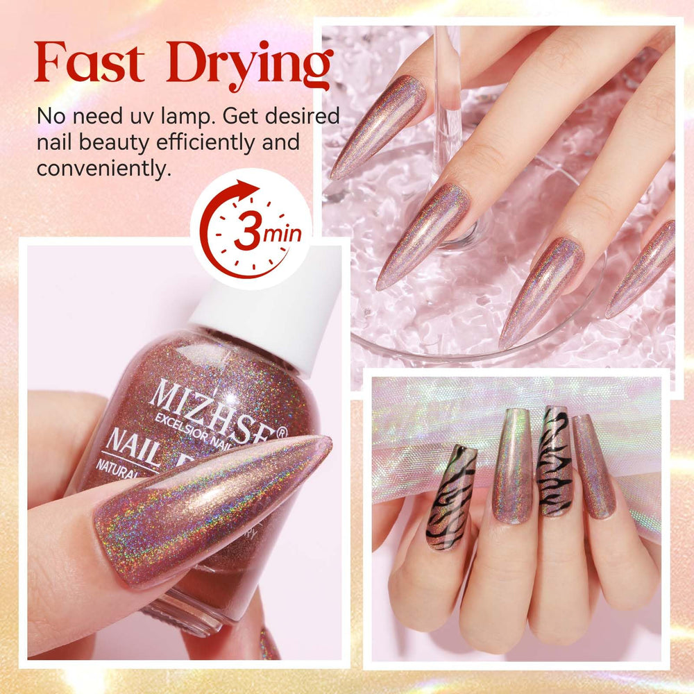 MIZHSE nail swatch set showing color shifts and wearable shine