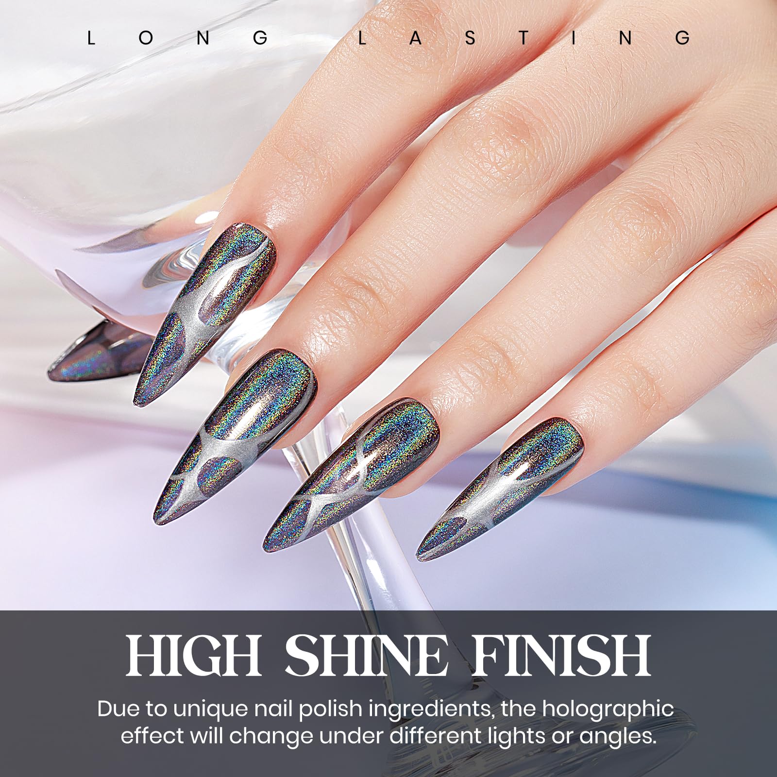 MIZHSE on-fingernails showing laser chrome effect and durable glossy look