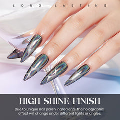 MIZHSE on-fingernails showing laser chrome effect and durable glossy look