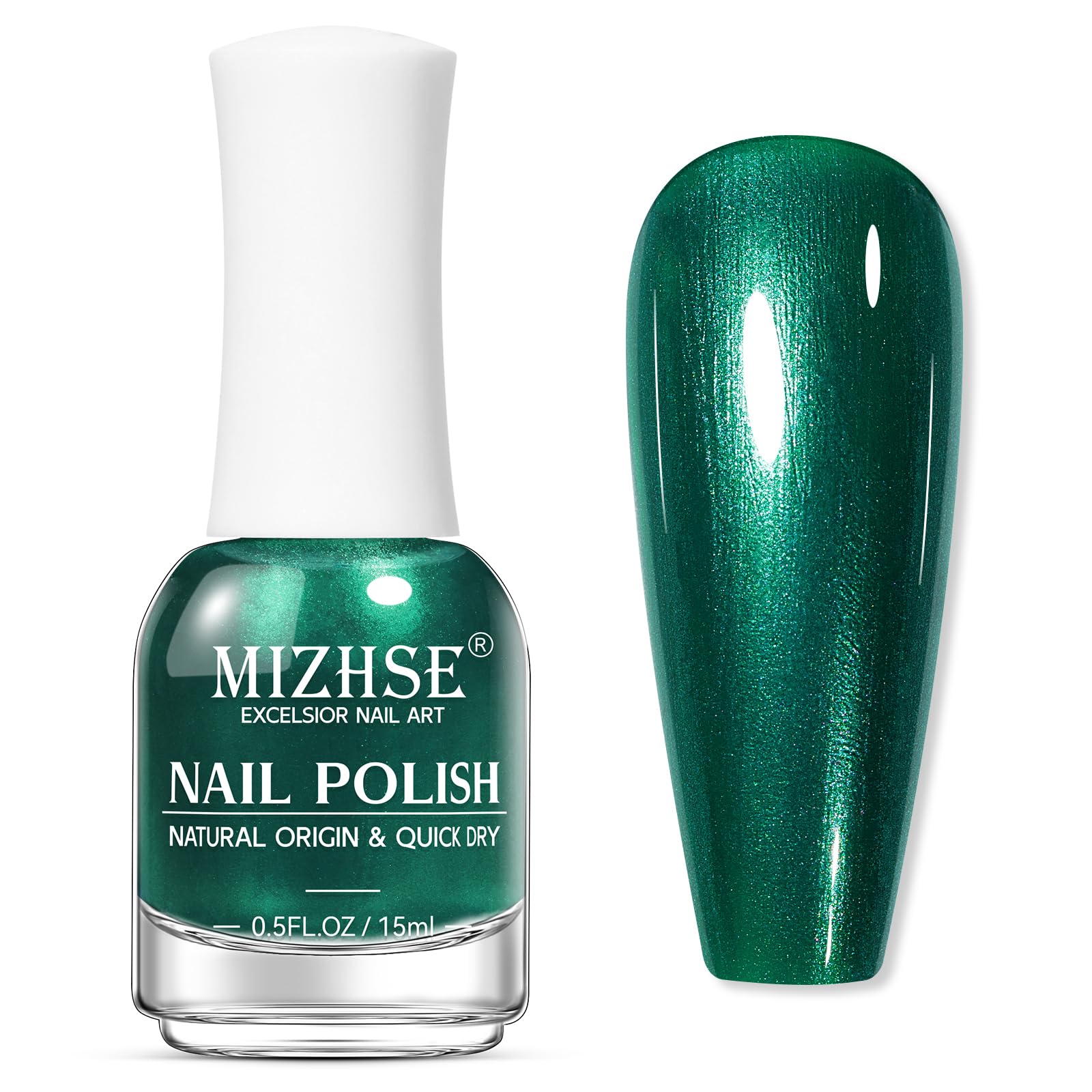 MIZHSE bottle front view showing pearlescent green color and glossy finish benefit