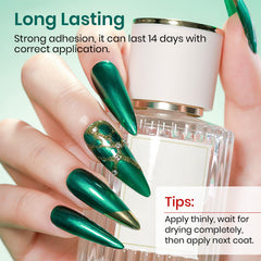 MIZHSE fresh manicure on hand showcasing salon-like shine and long-wear benefit
