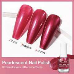 Close-up shimmer of MIZHSE pearlescent red polish reflecting light, revealing multi-dimensional finish