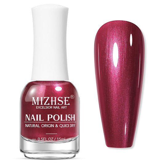 MIZHSE bottle front view showing pearlescent red polish and elegant branding, highlighting polish appeal