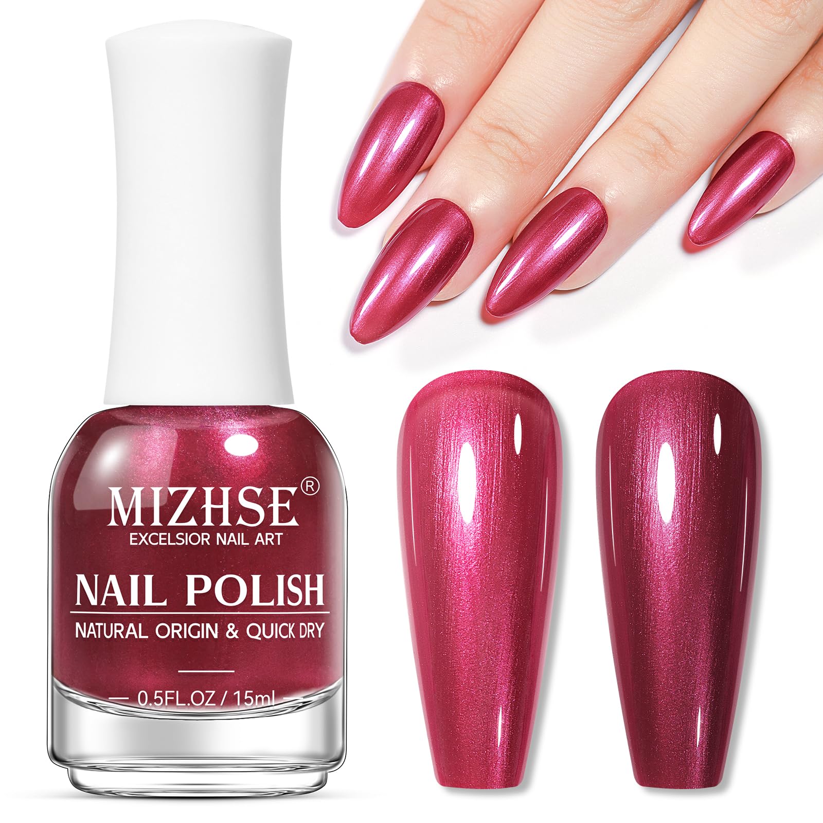 Opened packaging showing MIZHSE bottle and contents, indicating ready-to-use salon-quality polish