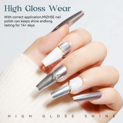 MIZHSE swatches on nail tips illustrating chrome intensity and color payoff
