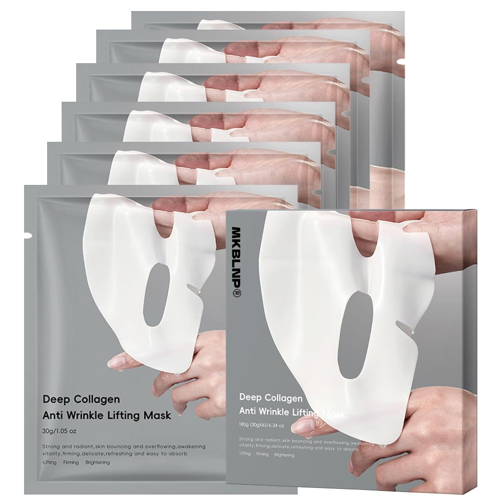 MKBLNP front packaging showing six-piece collagen mask box and clear benefits