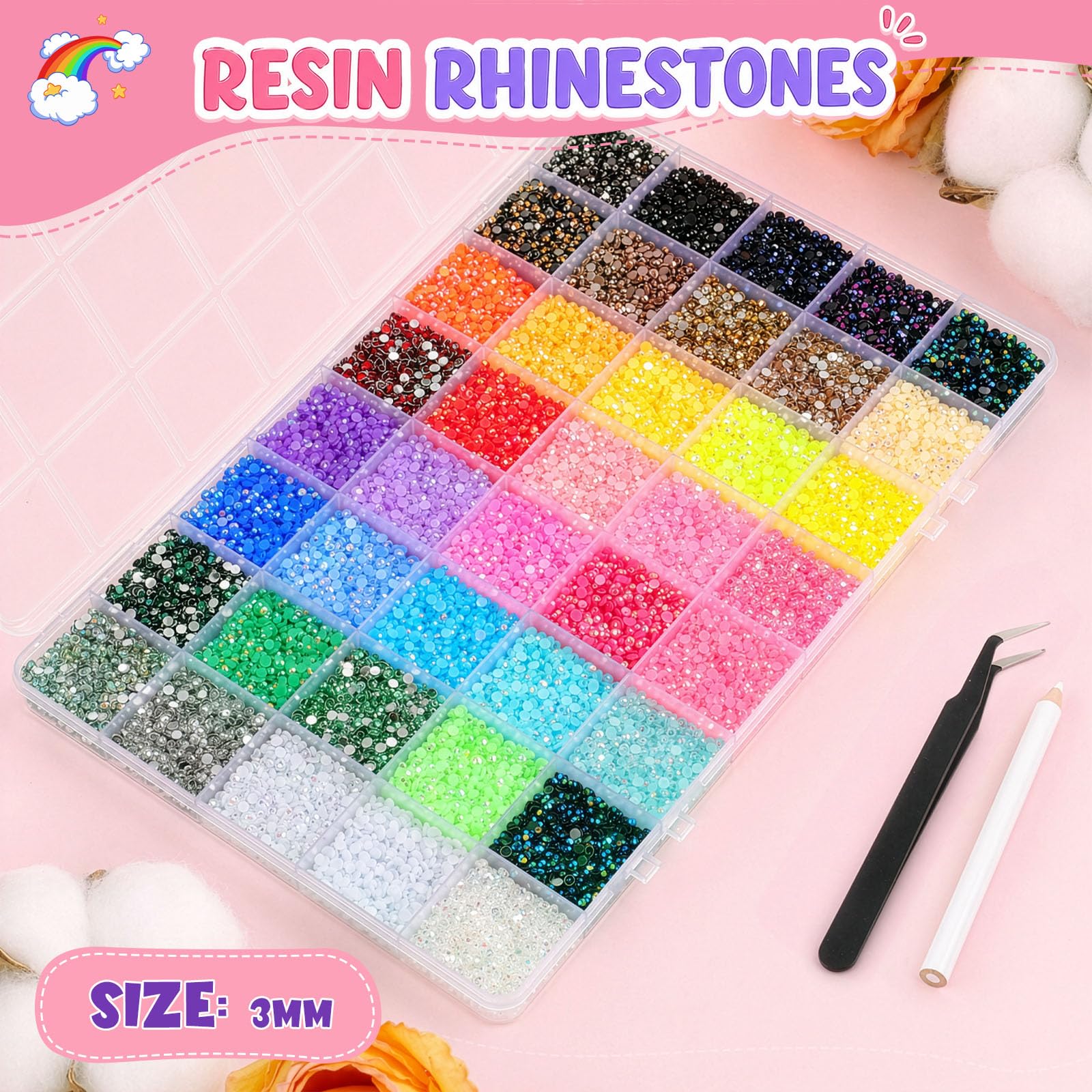 Mkoeveng color grid close-up highlighting 40 vivid resin rhinestone shades for precise designs