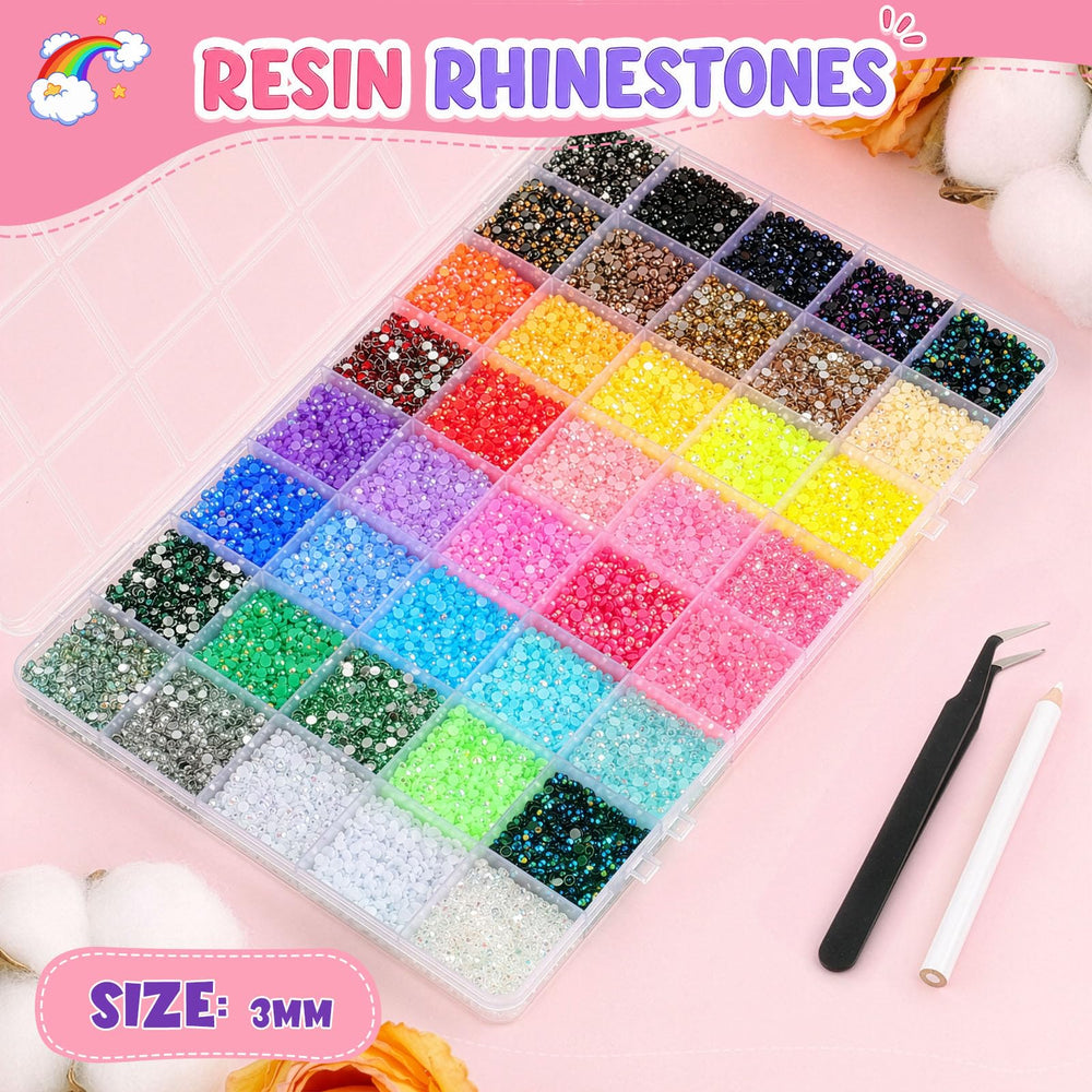 Mkoeveng color grid close-up highlighting 40 vivid resin rhinestone shades for precise designs