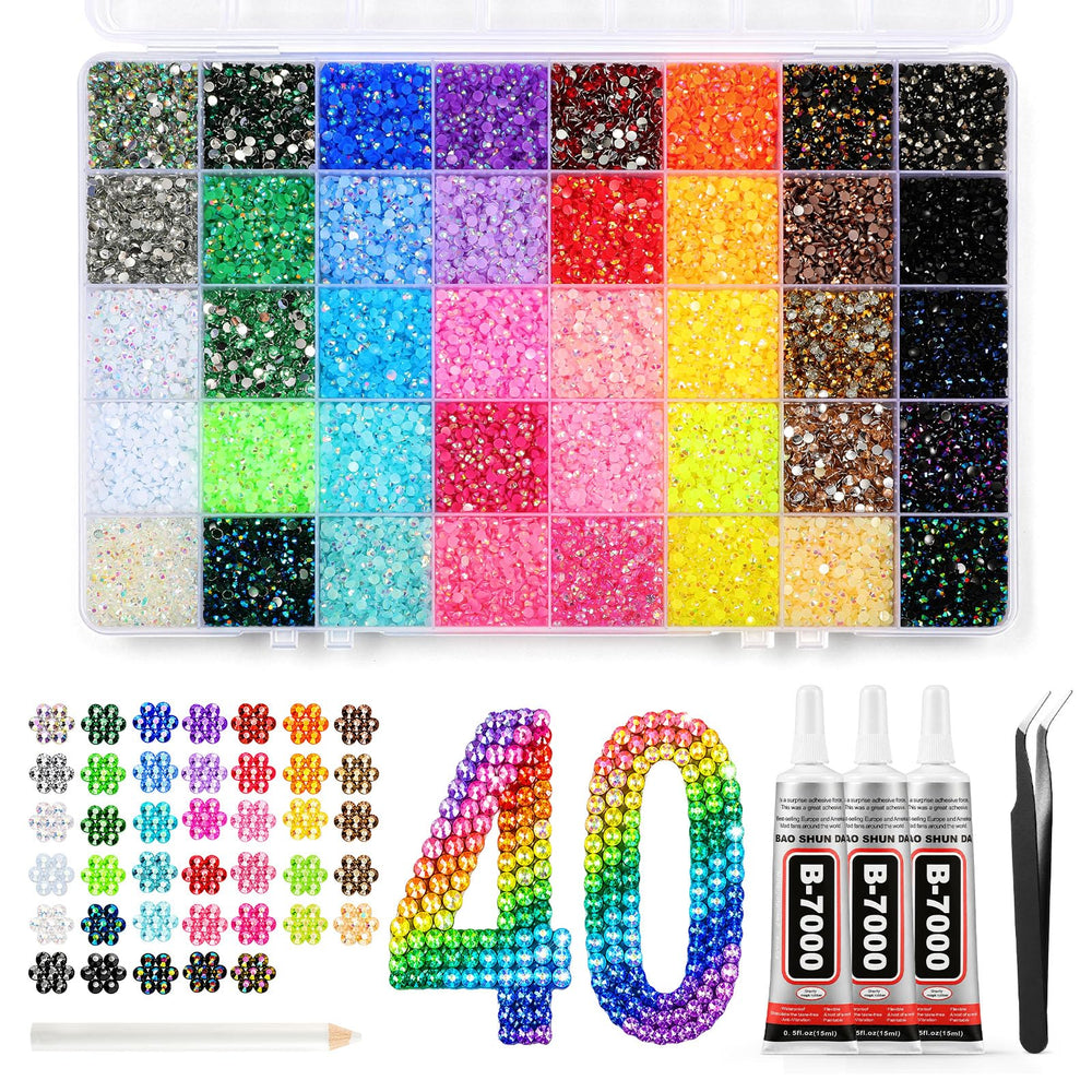 Mkoeveng front box display showing organized 40-grid kit and included tools for easy crafting