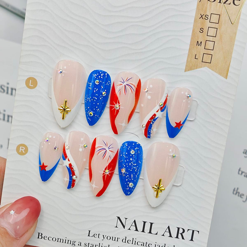 Mkwntg side profile of a medium almond press-on nail demonstrating natural curve and comfortable fit