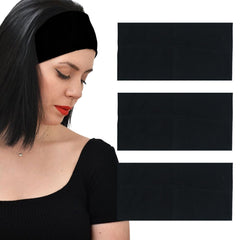 MLMOMVME front packaging of three black headbands, shows value and convenience