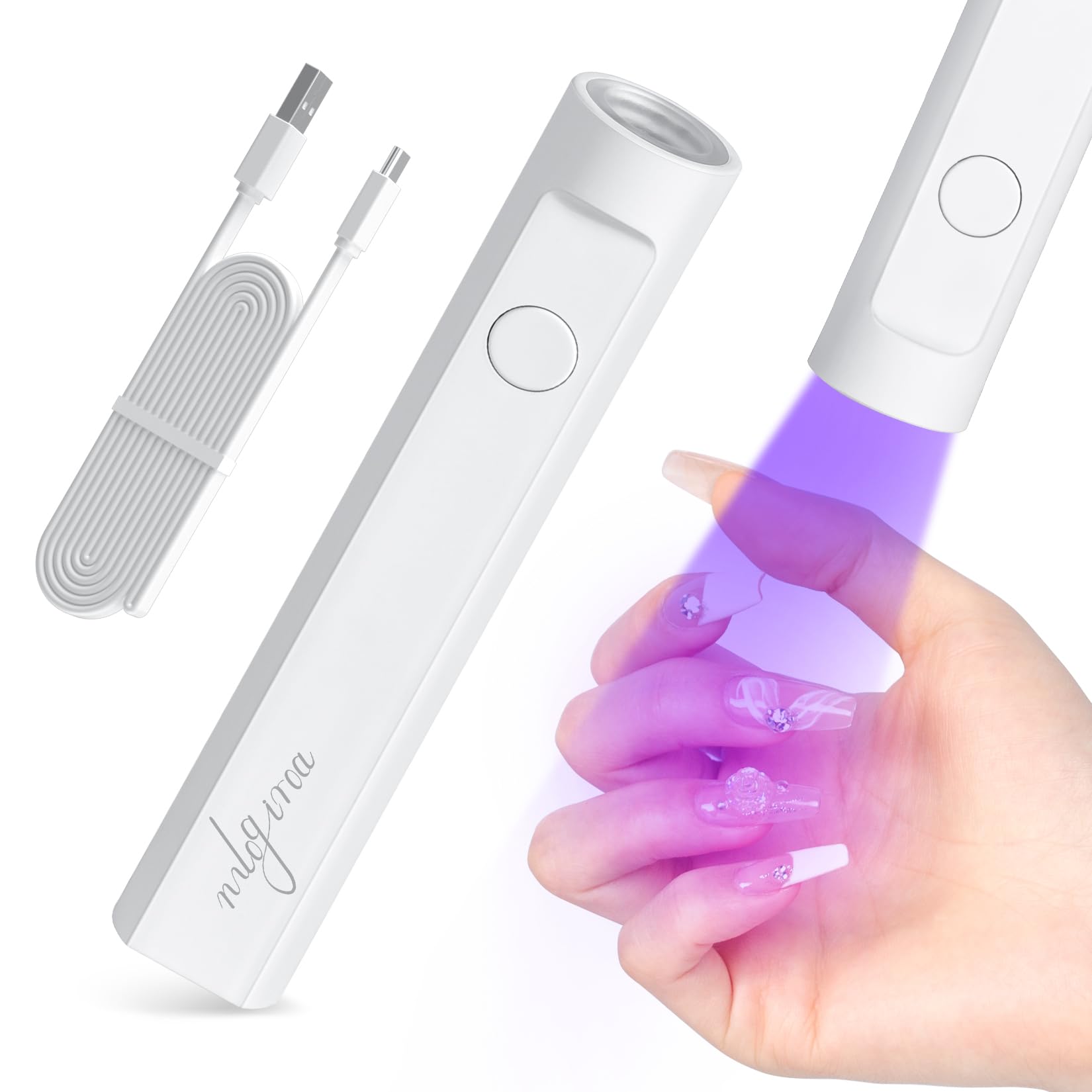 mlogiroa front view of white handheld UV nail lamp showing compact design and portability benefit