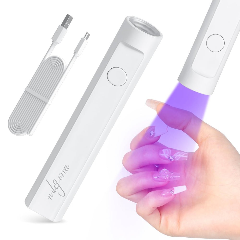 mlogiroa front view of white handheld UV nail lamp showing compact design and portability benefit