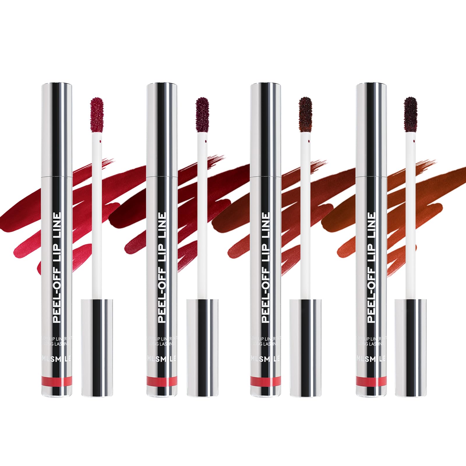 MLSMILE front packaging showing four peel-off lip stain tubes and branding benefits