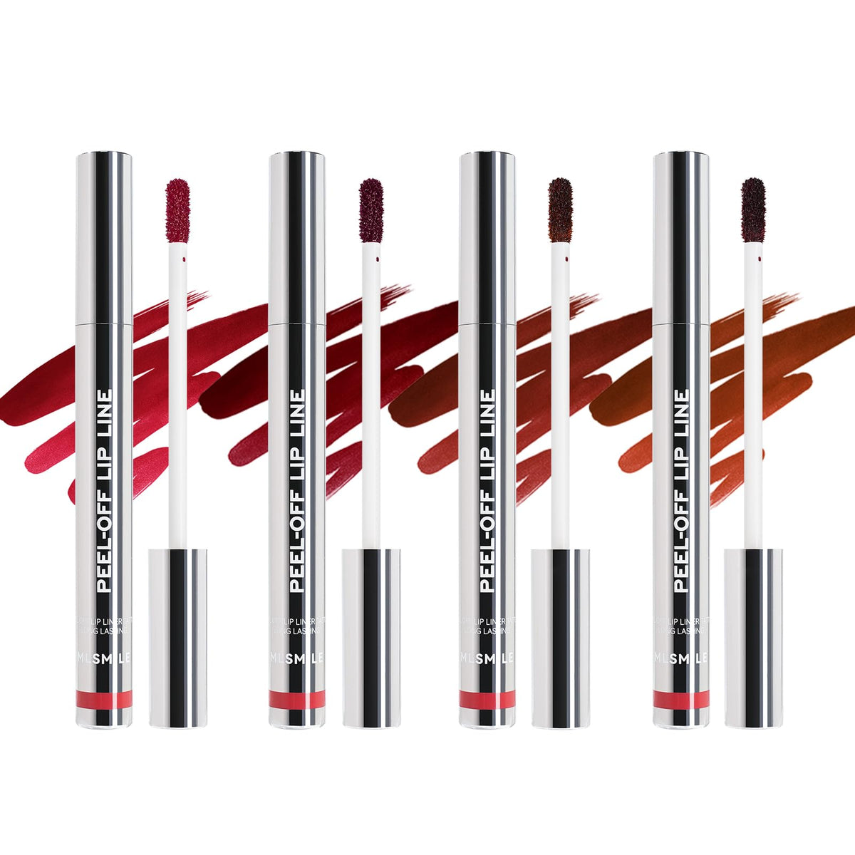 MLSMILE front packaging showing four peel-off lip stain tubes and branding benefits