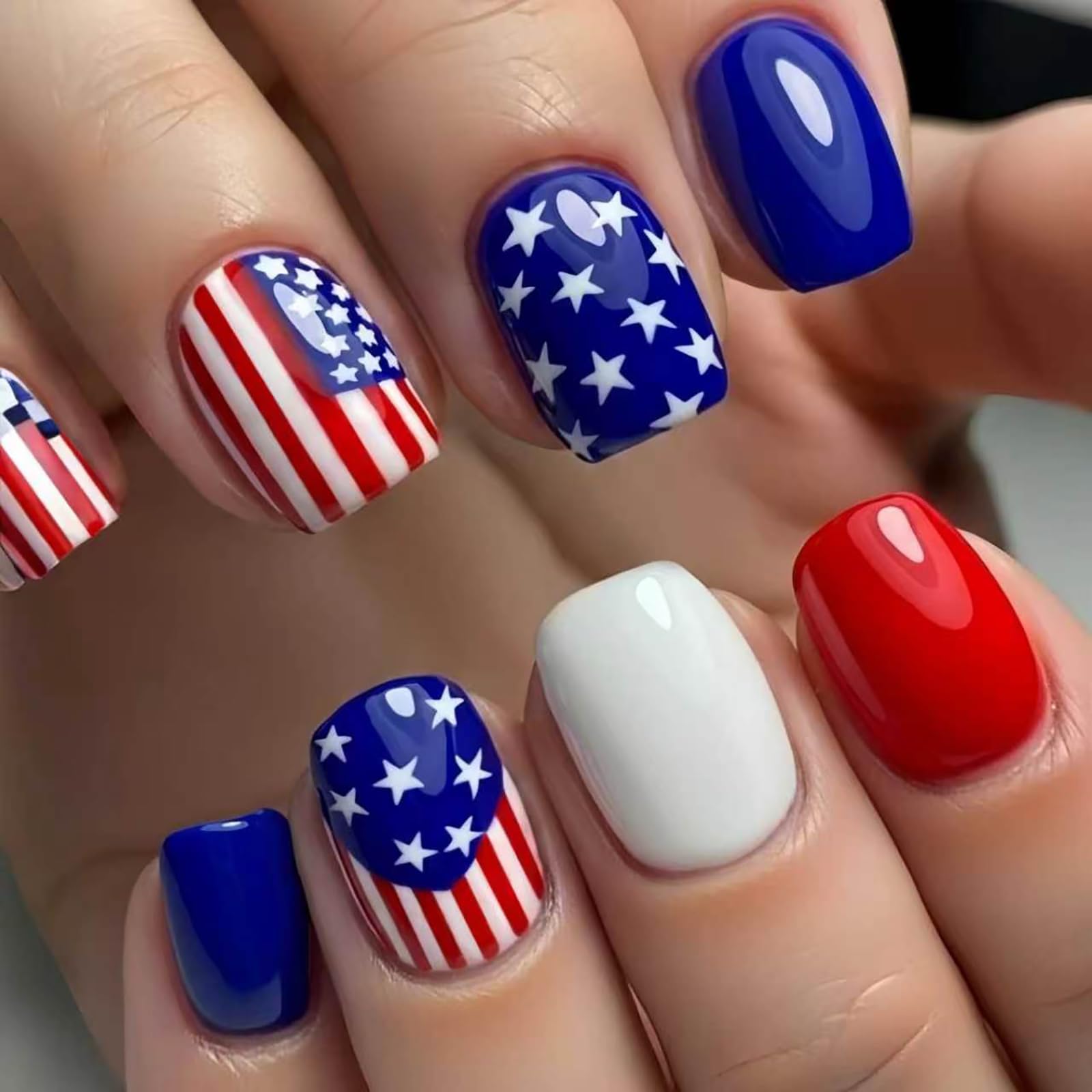 MMNHJHUT front packaging showing 24-piece patriotic press-on nails for fast styling